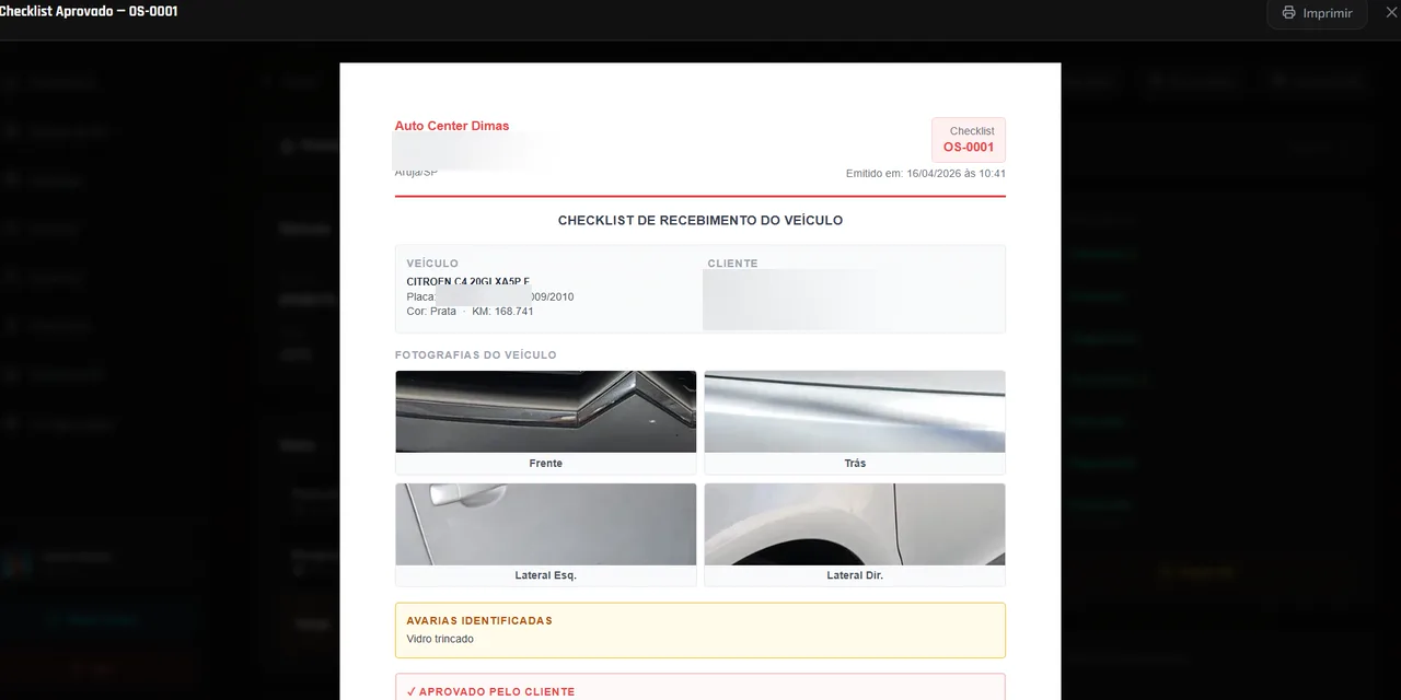 Checklist de recebimento do veículo com fotos e aceite do cliente