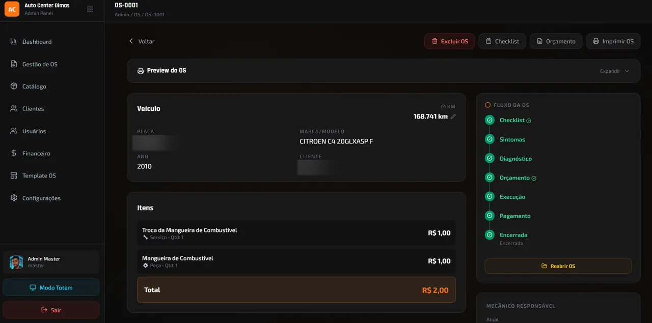 Ordem de serviço do FastTrack com fluxo automatizado